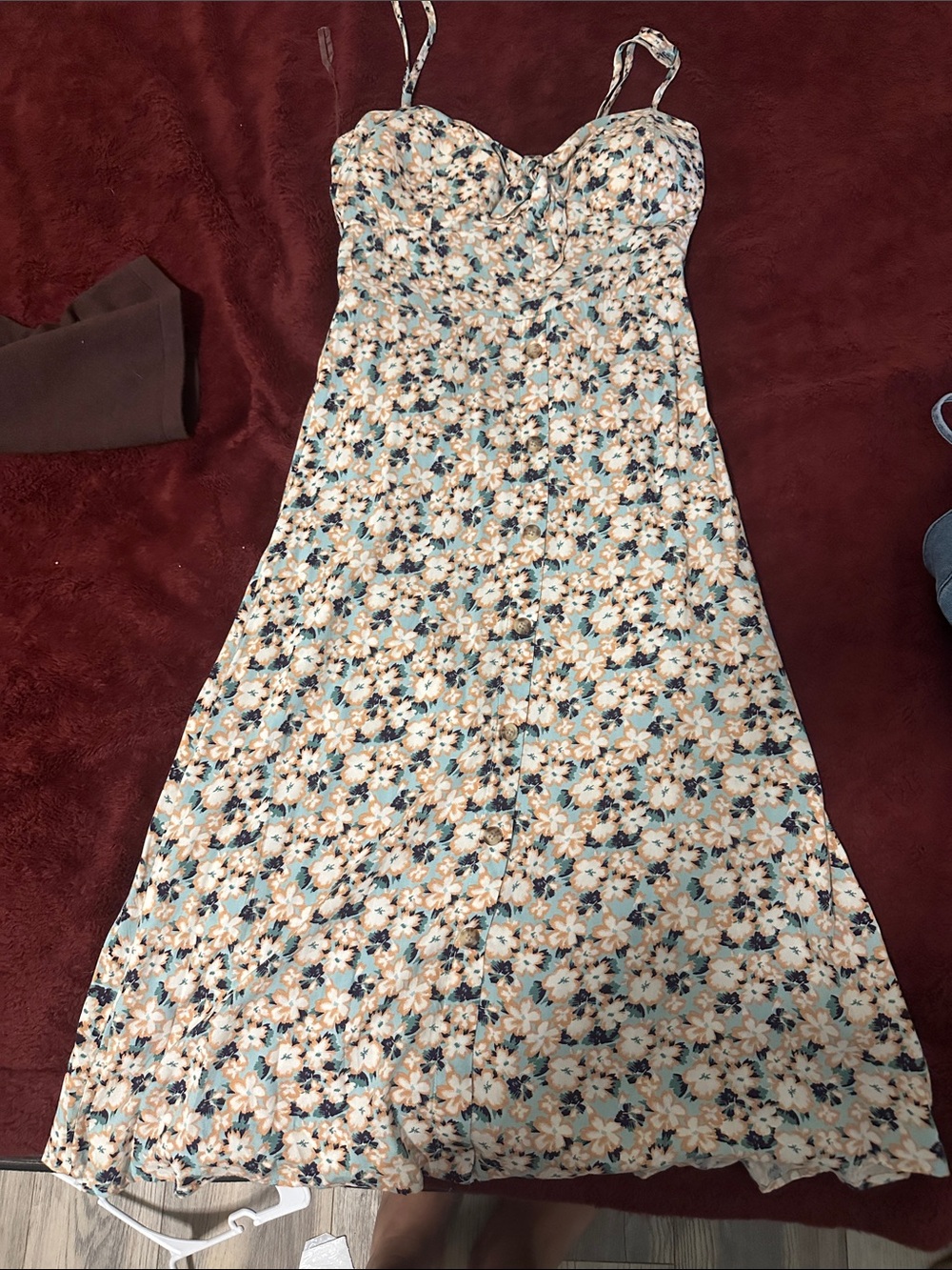 Floral Spaghetti-Strap Midi Dress in Blue and Cream